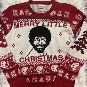 Bob Ross Merry Little Christmas Ugly Sweater Adult Size M Knit Red White NEW